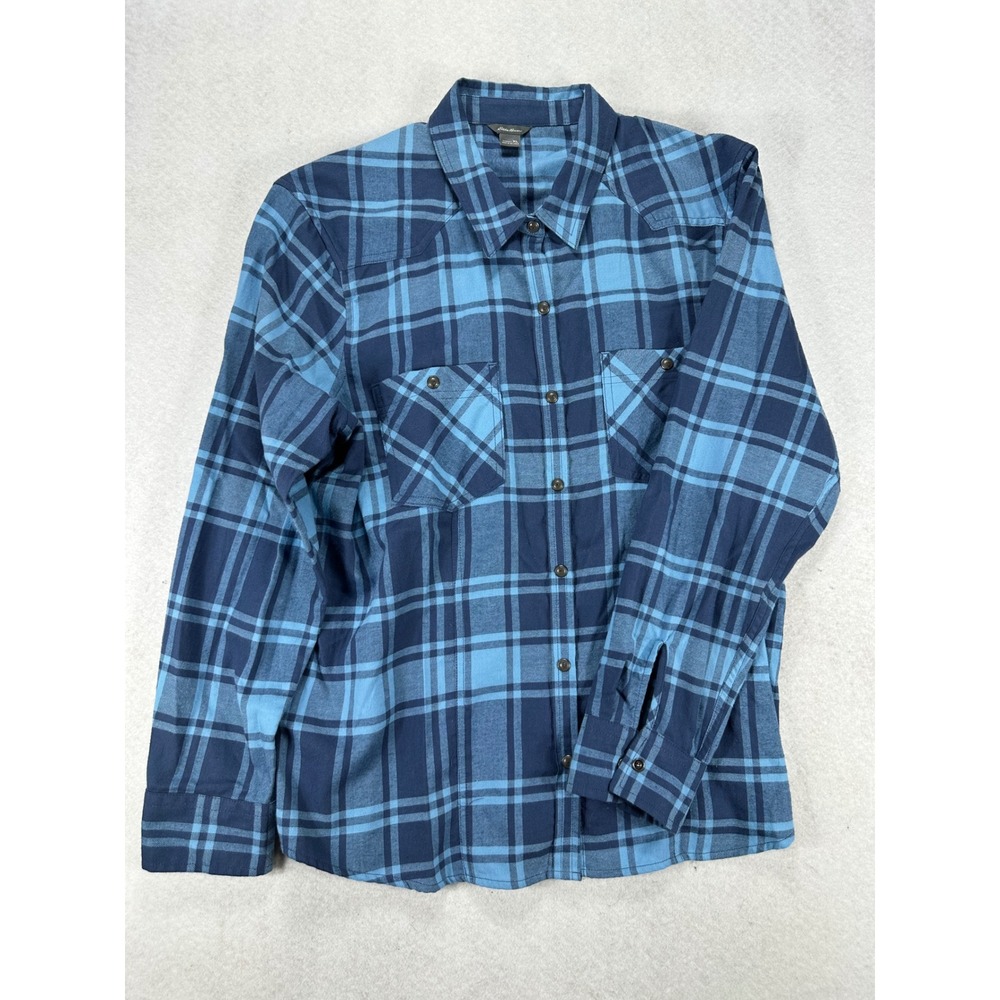 Eddie Bauer Womens XL Blue Plaid Flannel Long Sleeve Western Button Down Shirt